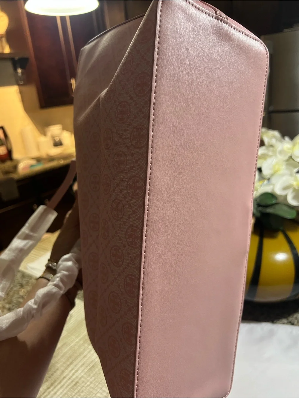 Tory Burch Pink Logo Stripe Tote with Gold Accent